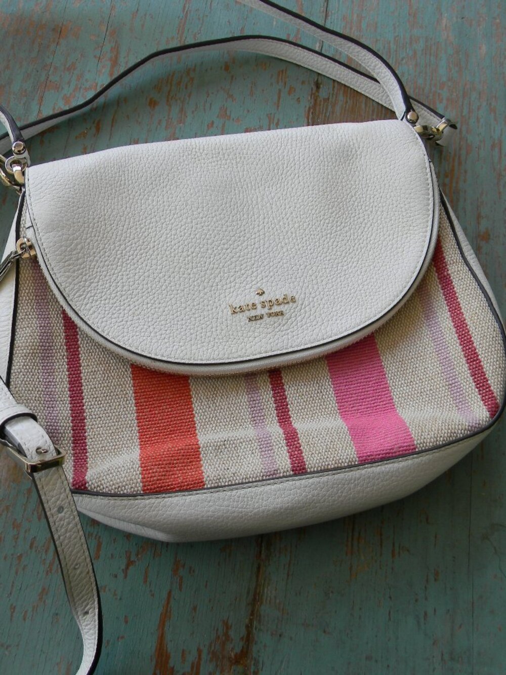 Kate Spade Leila Medium Flap Shoulder Bag Crossbody Multi Stripe White LEATHER